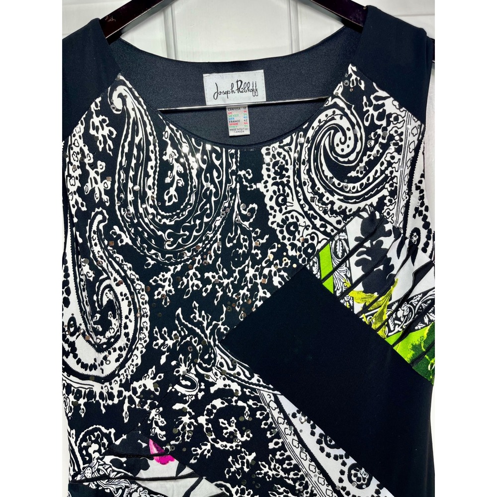 Joseph Ribkoff 12 Black White Pink Green Paisley Floral Sequin Sleeveless Dress - Picture 4 of 10